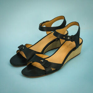 Madewell Size 7.5 Black Leather Strappy Ankle Strap Wood Low Wedge Sandals